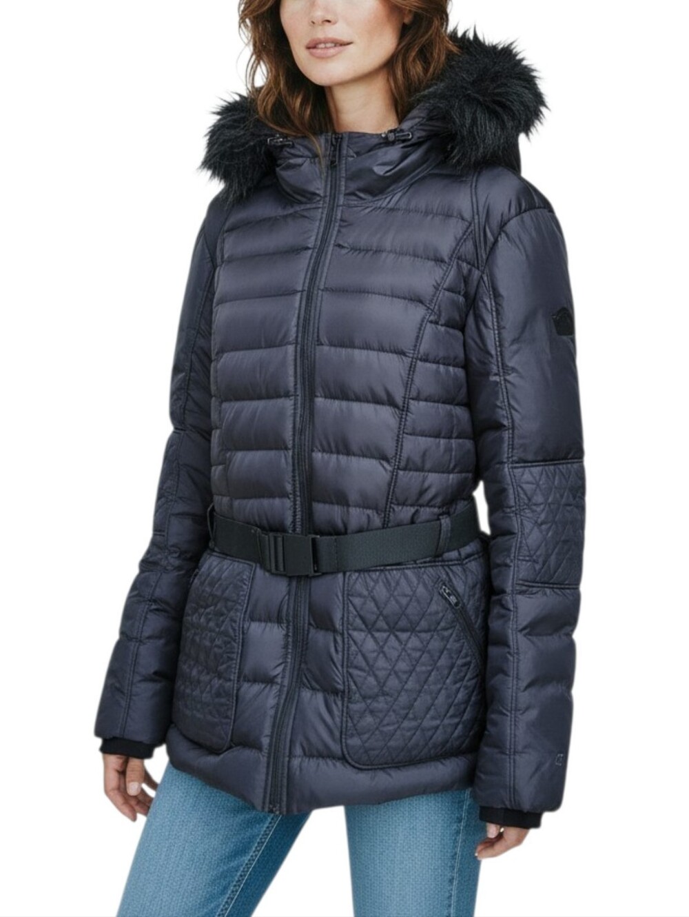 The North Face Parkina 550 Down Quilted Jacket Belted Hooded Faux Fur Trim XL